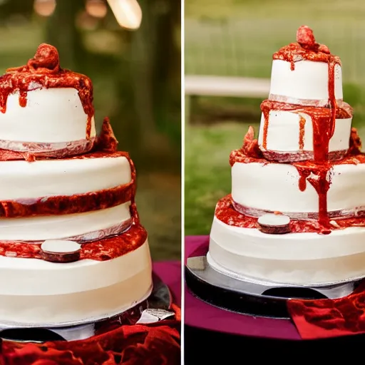 Image similar to a wedding cake made entirely out of meat and sausages with ketchup sauce. During wedding. Highly detailed 8k