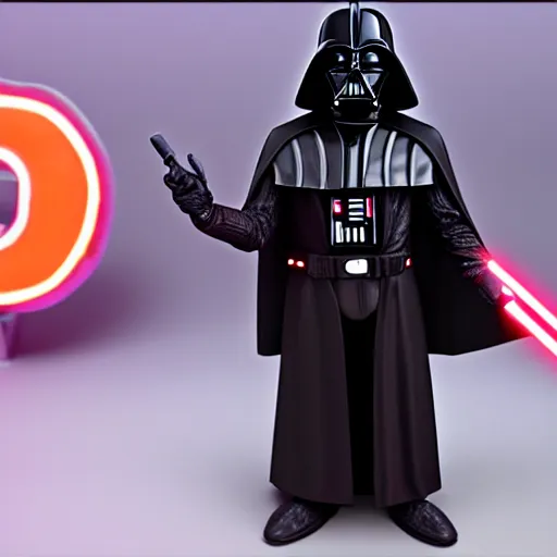 Image similar to darth vador working at dunkin donuts , 8k cinematic lighting, very sharp detail, anatomically correct