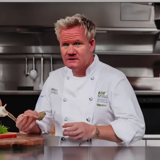 Image similar to hyper real Gordon Ramsey cooking a unicorn in kitchen 4k