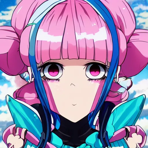 Prompt: stunningly beautiful omnipotent megalomaniacal anime goddess with porcelain skin, pink twintail hair and mesmerizing cyan eyes, symmetrical perfect face smiling in a mischievous, devious and haughty way while looking down upon the viewer, mid view, hyperdetailed, 2 d, 8 k