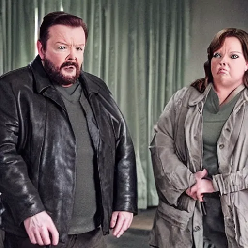 Image similar to movie shot from a sci - fi comedy with ricky gervais played by melissa mccarthy