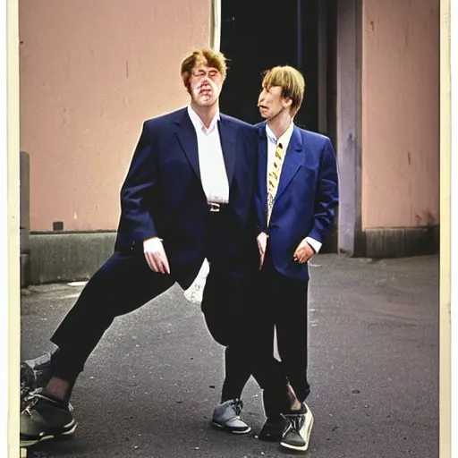 Prompt: headshot portrait of a pair of knackers neds schemie, tall and shorty, posing on a street, a thoughtful look, 1990s, movie shot