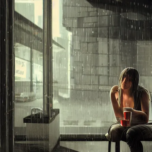 Prompt: A young woman sitting inside a cafe looking out of a window while it's raining outside, nighttime, cyberpunk, ultra realistic, concept art, intricate details, eerie, highly detailed, photorealistic, octane render, 8k, unreal engine, art by Bjorn Hurri