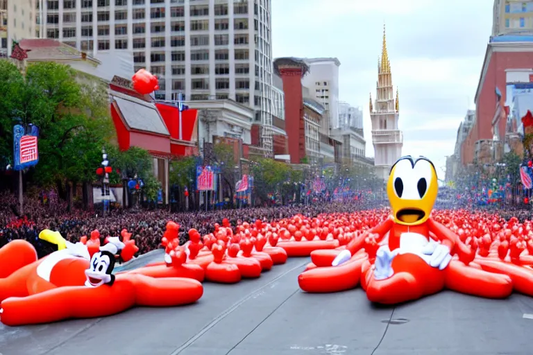 Prompt: photo of famous pop culture characters elaborate parade with deflated float characters designed by walt disney and all float characters are deflated!!!!!!!!!!!!!!, in the macys parade, detailed 4 k photo,