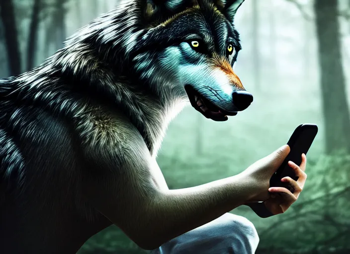 Image similar to portrait of a wolf playing games on a phone, realistic photograph, high quality, 4 k, full shot