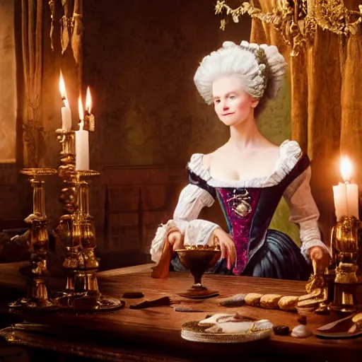 Image similar to marie antoinette in a tavern at night with candles, wow 4 k detail fantasy, matte painting, realistic materials, photo realistic, postprocessing, cinematic, hyperrealistic, studio lighting, ekaterina, the tudors, photography by richard jenkins