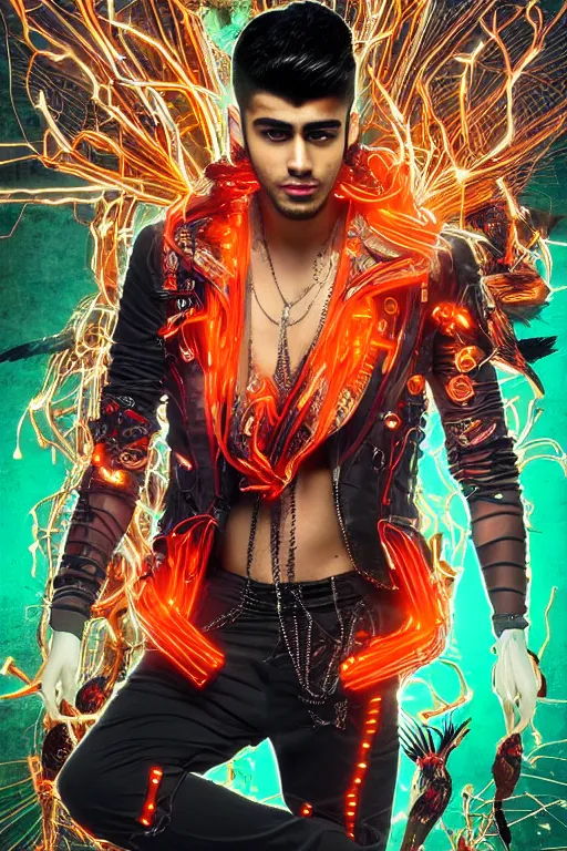 Prompt: full-body cyberpunk style sculpture of handsome singer Zayn Malik as a half cyborg with a chest opening exposing circuitry and electric sparks, glowing orange eyes, crown of green metal leaves, flowing salmon-colored silk, fabric, raptors. baroque elements. full-length view. baroque element. intricate artwork by caravaggio. many many birds birds on background. Trending on artstation, octane render, cinematic lighting from the right, hyper realism, octane render, 8k, depth of field, 3D