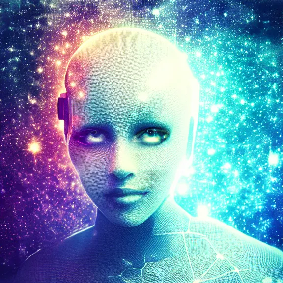 Prompt: artificial intelligence album cover, deep space mesh background, vintage sci-fi soft grainy