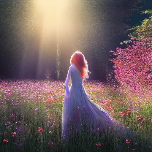 Prompt: A serene and dreamlike scene with a princess in a field of flowers, with a translucent dress and ethereal lighting, light rays, volumetrics, by Jeszika Le Vye