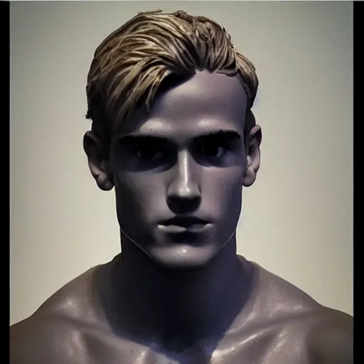 Image similar to “ a realistic detailed photo of a guy who is an attractive humanoid who is half robot and half humanoid, who is a male android, soccer player antoine griezmann, shiny skin, posing like a statue, blank stare, at the museum, on display ”