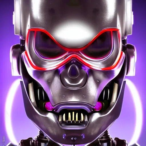 Image similar to portrait of a menacing evil villain robot, glowing dark red eyes, metal teeth, purple tubes, striking, Terminator, Ultron, sci-fi, facial features, skull shape, C-3PO