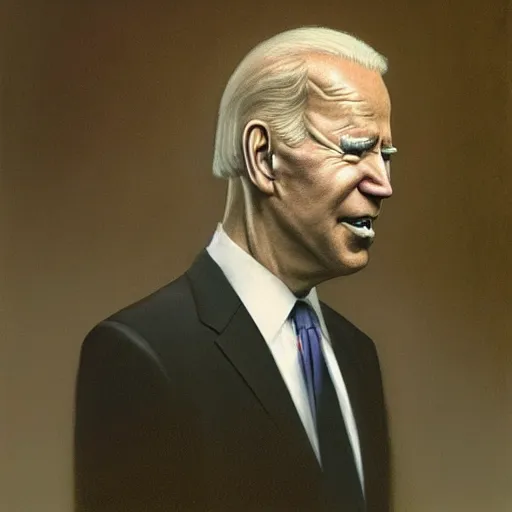 Image similar to presidential portrait of joe biden with shadowy mist pouring from mouth and nose as slenderman, by beksinski, jon mcnaughton, and stephen gammell