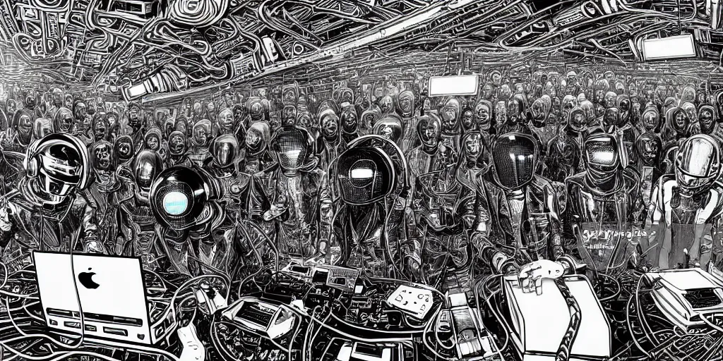 Prompt: intricate detailed artwork of 2 Daft Punk robot rock using Apple notebook Macbook at an underground warehouse rave in Ibiza, playing techno house music, thousands of beautiful girls in bikini dancing, in the style of comics illustration, wires, speakers, black and white ink, some ink drips, sharp details