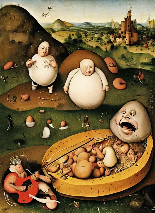 Image similar to tenacious d as eggs. real round humpty dumpty boys, realistic, by hieronymus bosch and pieter brueghel