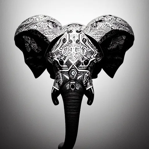 Image similar to futuristic elephant head, symmetrical, futuristic ganesha, intricate black shaman ornaments, black oak patterns, iridescent reflection, robotic ganesha head, mecha - elephant, white backround, graphic design, black white greys and red color, subsurface scattering, cyberpunk, unreal engine, octane render, cgsociety, artstation