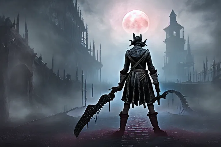 Image similar to an ultra matte painting of teferi in the style of bloodborne, concept art by art by john collier and albert aublet and krenz cushart, scary shadows, blood moon eclipse, octane render, liminal space