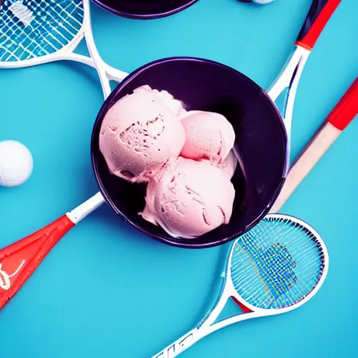 Image similar to three cups of ice cream next to a tennis racket, a stock photo by pia fries, trending on pinterest, lyco art, y 2 k aesthetic, vaporwave, aesthetic