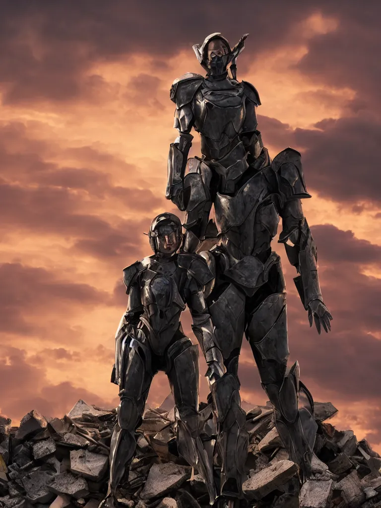 Image similar to emily blunt in futuristic power armor, alone, standing atop a pile of rubble, sword on shoulder, sunset and big clouds backdrop