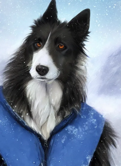 Image similar to beautiful portrait of a cute male anthropomorphic border collie fursona wearing a blue cowboy outfit in a tundra. character design by charlie bowater, henry asencio, and ross tran. scenic background, detailed, glamor pose, aesthetic, trending on artstation, top rated on furaffinity and deviantart