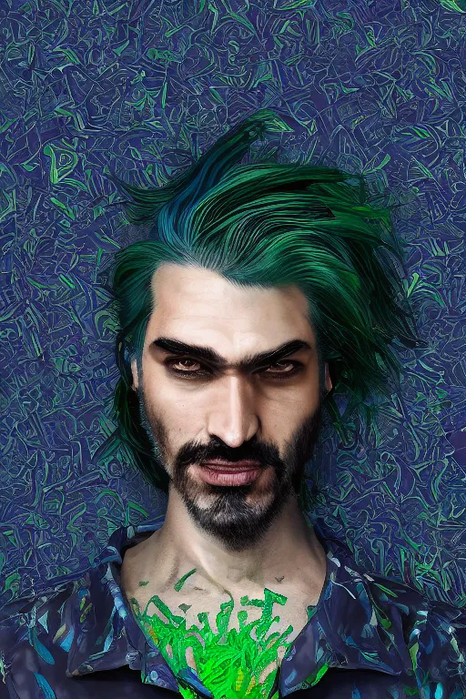 Prompt: portrait of a man with cracked thick skin. dark blue-green hair, dark flower pattern wallpaper background, high detail, by Eddie Mendoza