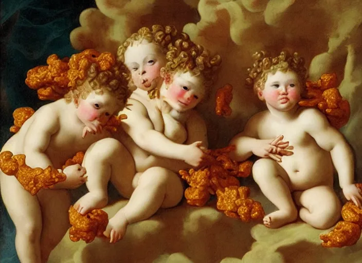 Prompt: cherubs with cheetos for hair, extremely detailed, a baroque painting, rococo style