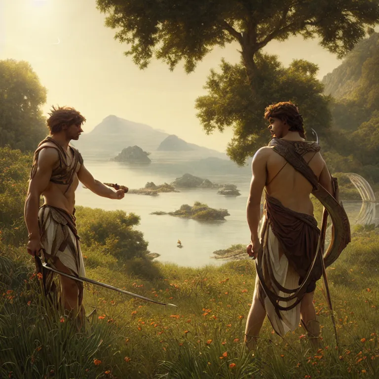 Prompt: achilles and patroclus in elysium, beautiful, sunlit landscape, river, flowers, greek temple, grass, ultra realistic, octane render, alphonse mucha, artgerm, greg rutkowski, illustration, very detailed, elegant, lonely atmosphere, sharp focus