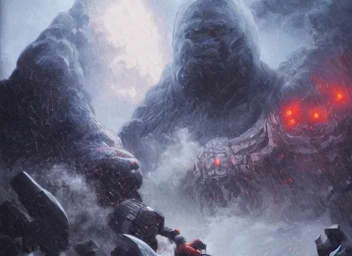 Image similar to giant darkseid attacking an encampment during a blizzard, highly detailed, digital illustration, artstation, concept art, matte, sharp focus, illustration, dramatic, full moon, art by artgerm and greg rutkowski and alphonse mucha