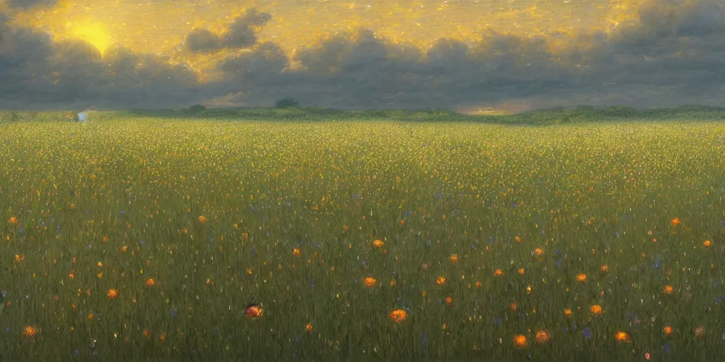 Prompt: field of flowers at night, lit by moonlight, landscape art by donato giancola and greg rutkowski, digital art, trending on artstation, symmetry!!, volumetric lighting