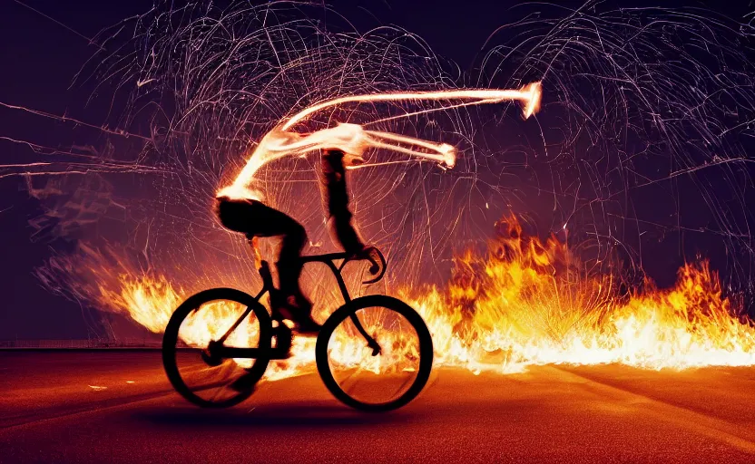 Image similar to a bicycle with a rocket engine attached to the back, flames and fire shooting out the back, light trails and motion blur, stylized photo