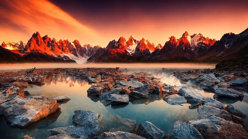 Image similar to amazing landscape photo of mountains with lake in sunset by marc adamus, beautiful dramatic lighting