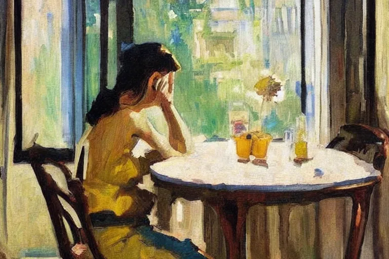 Prompt: a beautiful sad girl is sitting at the table, huge nuclear explosion is in the window, painting in style of Valentin Serov,