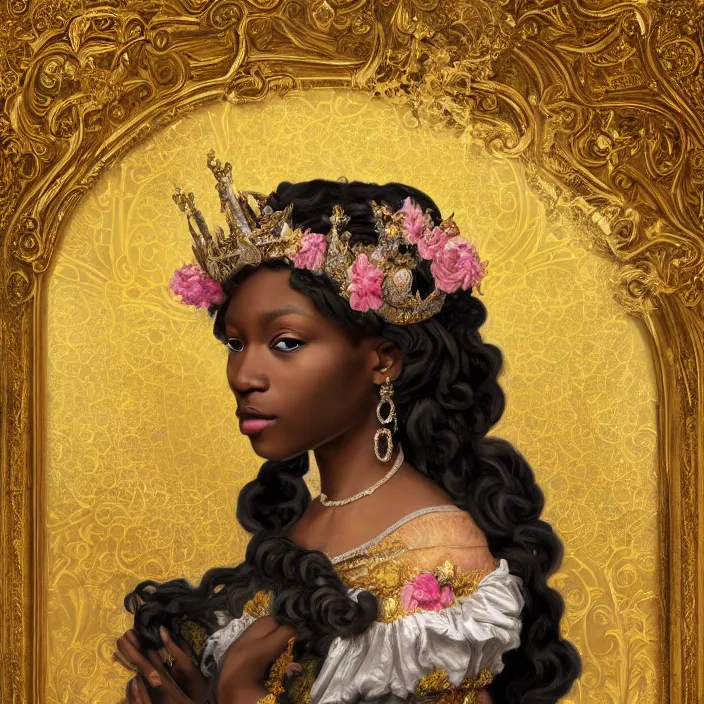 Image similar to highly detailed venetian rococo portrait of a black princess wearing a crown, golden jewels, pastel flowery background, 8 k, realism, volumetric lighting, flowers, fantasy, realistic, symmetrical face, digital illustration, art by krenz cushart, alphonse mucha, kehinde wiley, artem demura