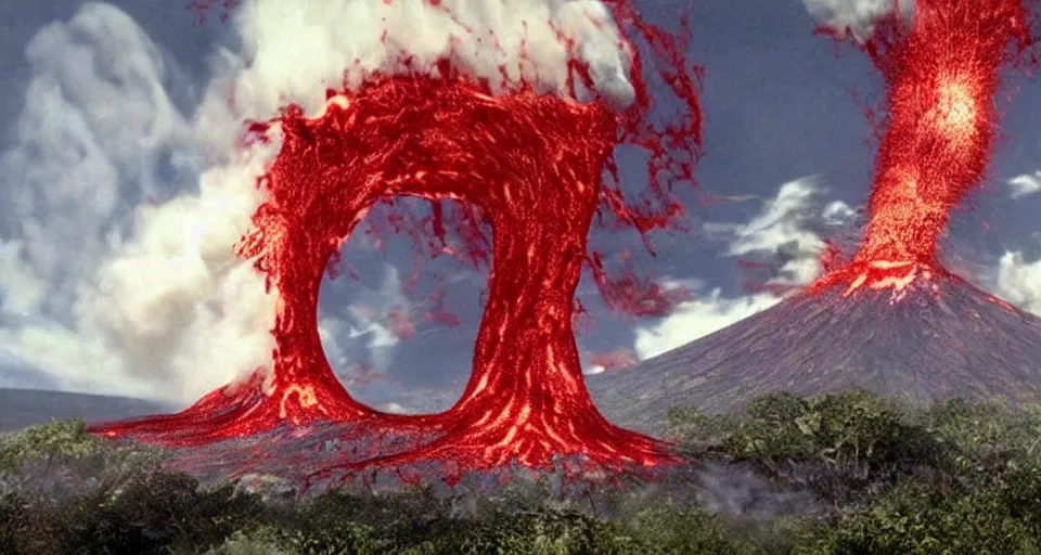 Image similar to a volcano made of ivory vines and crimson rocks enters in eruption, it spits a smoke in the shape of demonic eye, from FF7