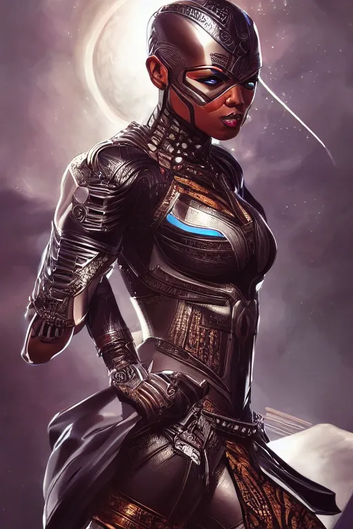 Image similar to art by artgerm, ultra realistic illustration, wakandan warrior in a atlantien style armor, hacknaut cyberpunk, sci - fi, fantasy, intricate, elegant, highly detailed, digital painting, artstation, concept art, smooth, sharp focus, illustration.