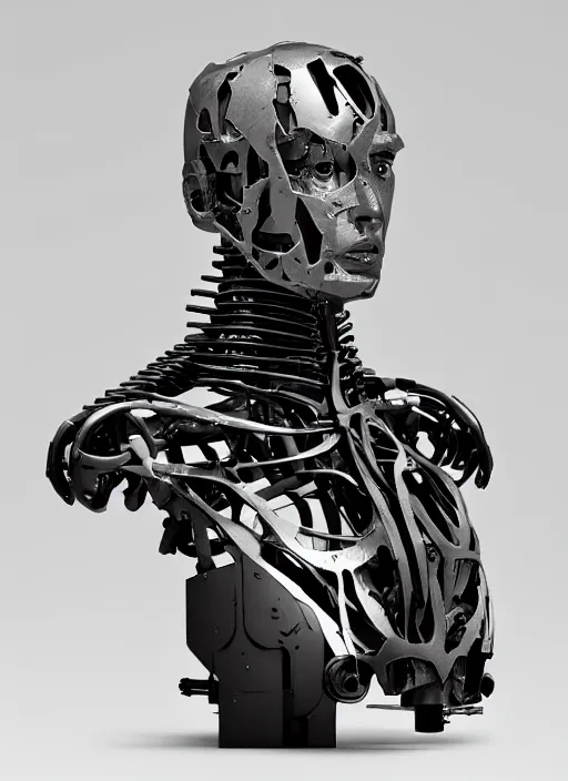 Prompt: an orthographic damaged bust sculpture Android, veins, titanium mechanical parts, studio lighting by Wes Anderson