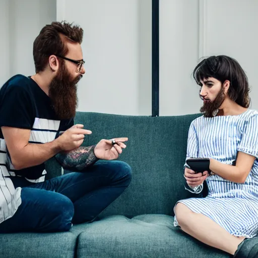 Prompt: a woman in a white and blue striped dress and a bearded hipster argue about iphones on a sofa