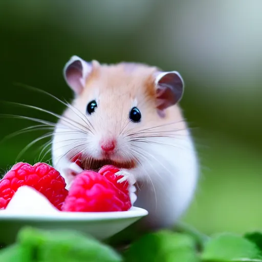 Prompt: cute hamster offering a raspberry to the photo lense, macro photography, wide angle lens, blurred background