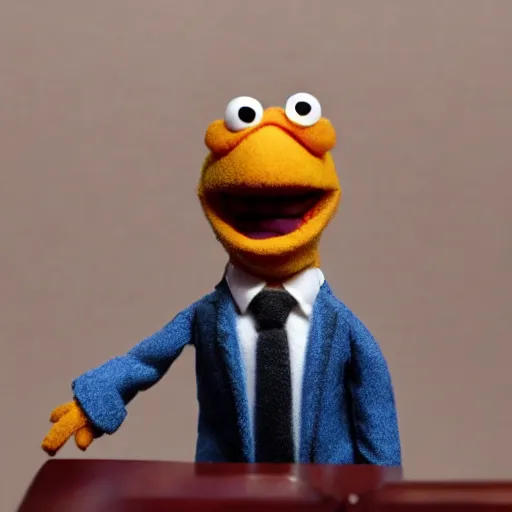 Prompt: Saul Goodman realistic Muppet puppet, wide lens, diorama, 4k,