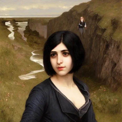 Image similar to 1 7 - year - old pale - skinned persian girl with black long bob cut, black gothic jacket, blue jeans, psychic girl, psychokinetic girl, standing on cliff along the irish coast, overcast gray skies, ultra - realistic, sharp details, subsurface scattering, intricate details, art by william - adolphe bouguereau