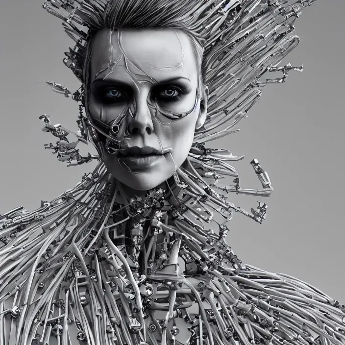 Prompt: portrait of charlize theron as a skeleton. intricate abstract. intricate artwork. nightmare fuel. by Tooth Wu, wlop, beeple, dan mumford. octane render, trending on artstation, greg rutkowski very coherent symmetrical artwork. cinematic, hyper realism, high detail, octane render, 8k, iridescent accents