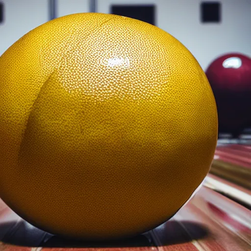 Image similar to a lemon next to a bowling ball