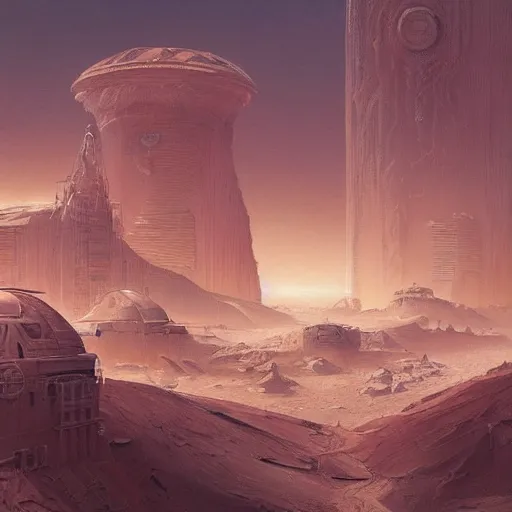 Image similar to a painting of a city on mars, humanitys last refuge, intricate, elegant, highly detailed, digital painting, artstation, concept art, smooth, sharp focus, illustration, art by artgerm and greg rutkowski