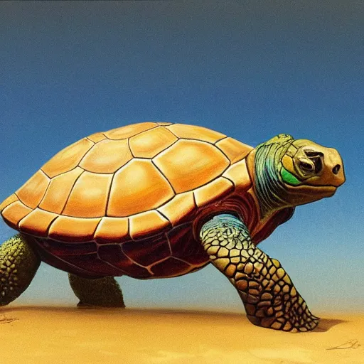 Image similar to a turtle wearing a cow head, surrealism, painting by boris vallejo and michael whelan