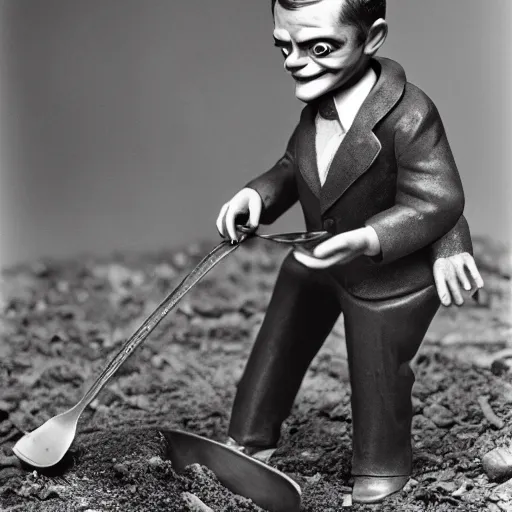 Image similar to slappy the dummy digging with a spoon in his hand, 8k photo