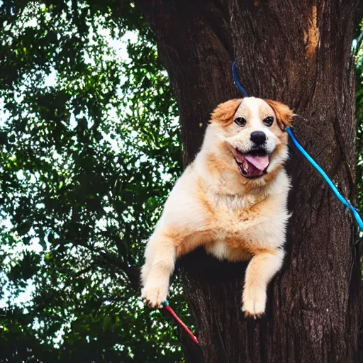 Image similar to an extremely happy dog is hanging by wires from a tree, 4 k, realistic