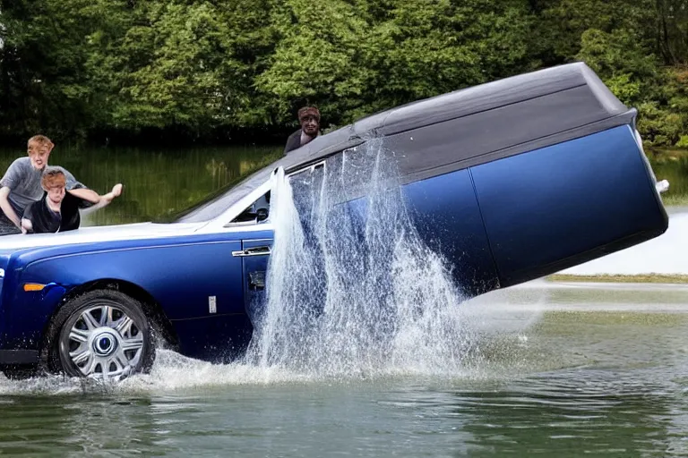 Image similar to Teenagers push Rolls-Royce into lake with their hands from a small slide wanting to drown him