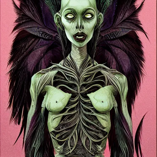 Image similar to detailed illustration of attractive humanoid alien species with beautiful human face, human torso, dark fae, black feathers instead of hair, feathers growing out of skin, wings growing out of arms, transformation, tim burton, guillermo del toro