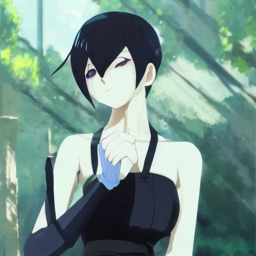 Image similar to girl with short white hair and bare shoulders, wearing black gloves and a white shirt, art by makoto shinkai