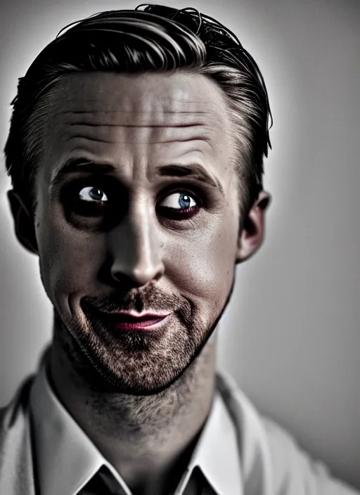 Prompt: photo of Ryan Gosling as the Joker by Lee Jeffries, head shot, detailed, award winning, Sony a7R