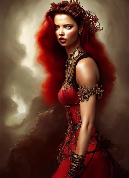 Prompt: a beautiful woman with baroque dress, red hair, adriana lima, painted by artgerm and tom bagshaw, by rembrandt fantasy art, dramatic lighting, highly detailed oil painting